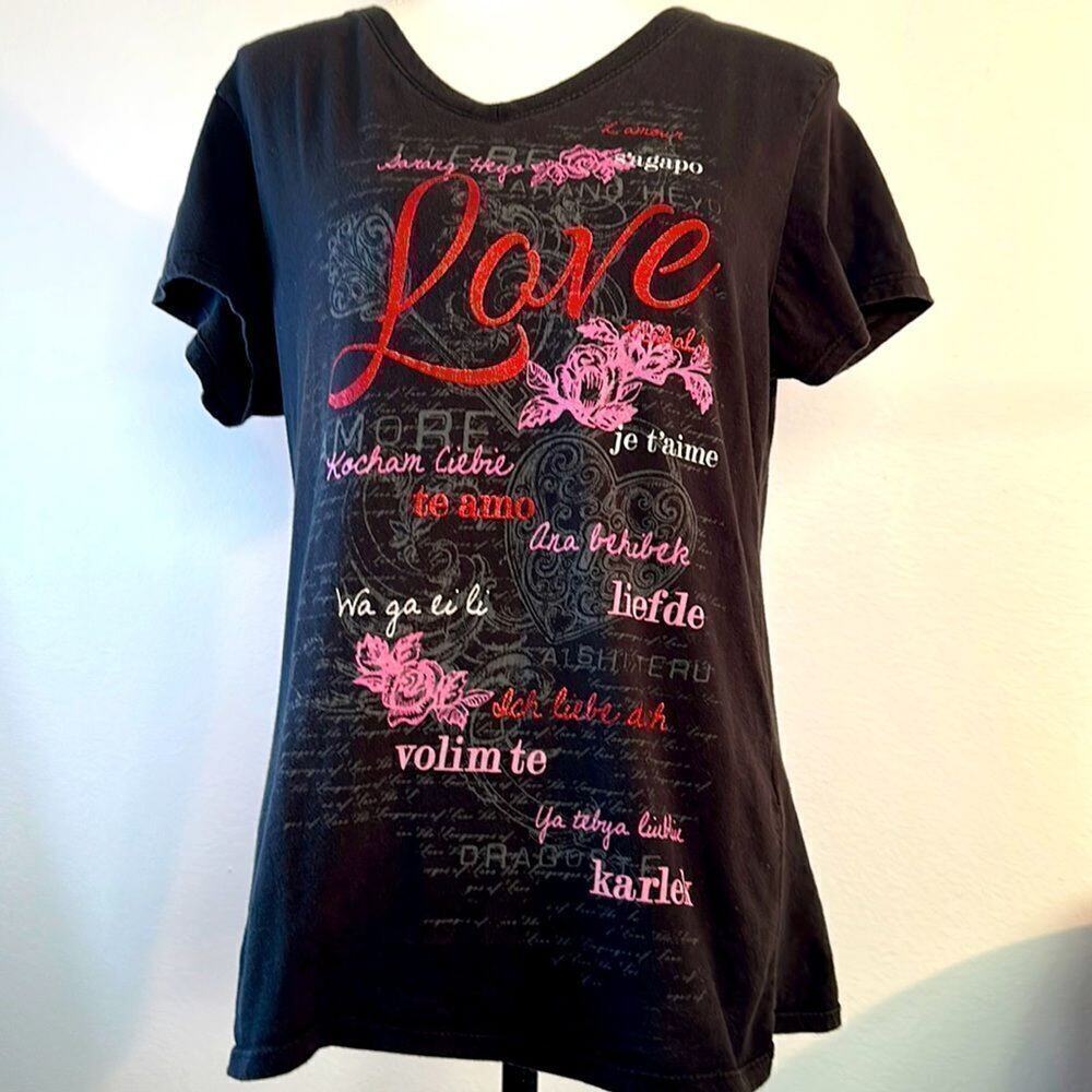 What’s Your Love Language Black Short Sleeve T-Shirt. Size L. Writing love